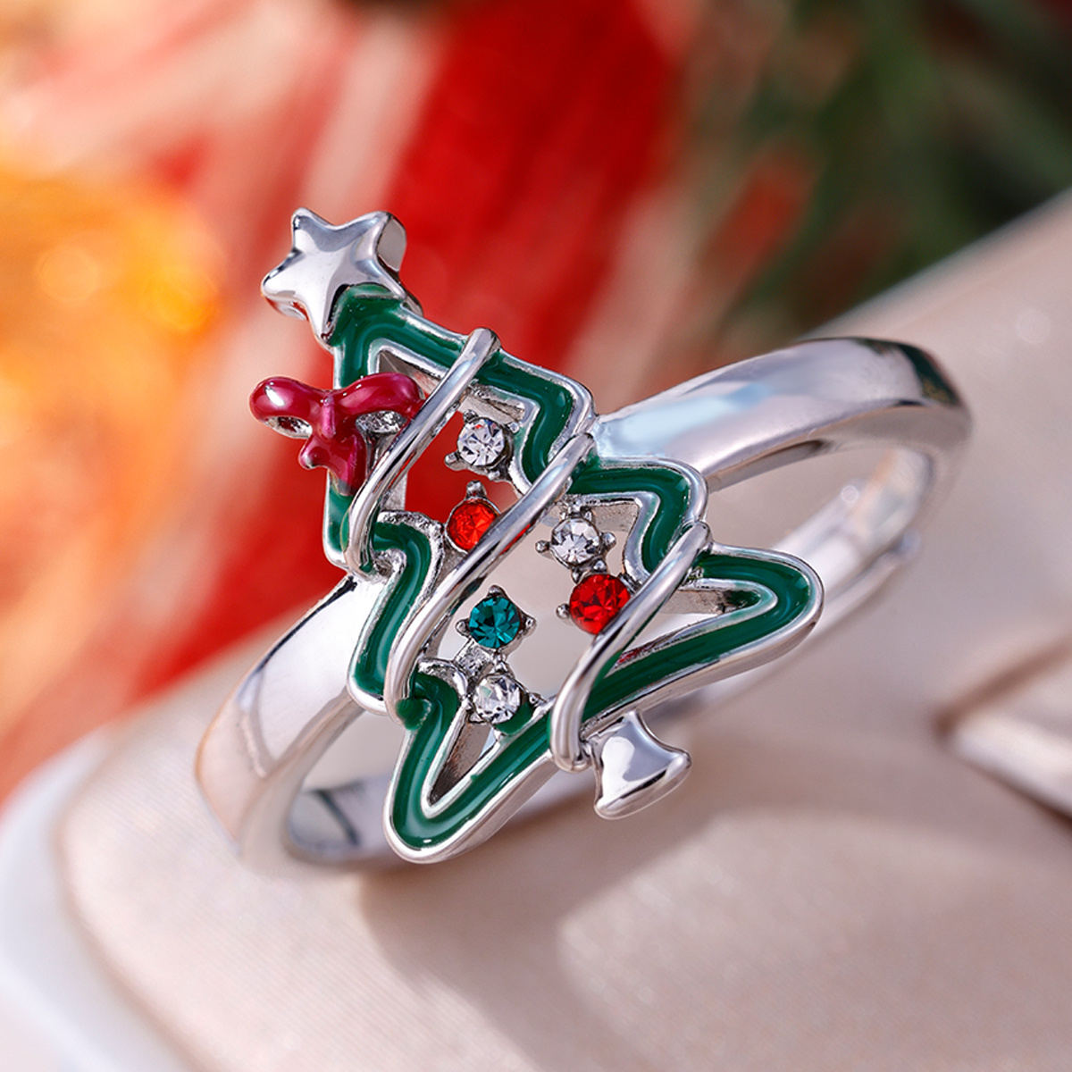 Star Bow Christmas Tree Zirconia Open Ring